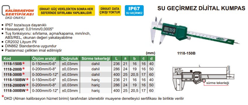 INSIZE Su Geçirmez Dijital Kumpas Özellikleri