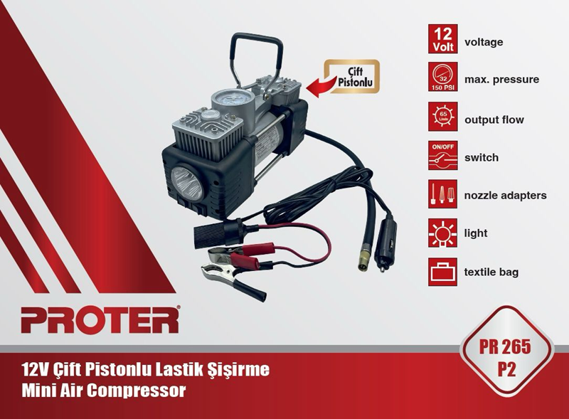 PROTER PR 265 P2  Çift Piston 12 V 150 PSI Hava Db 55 lt / dk  Lastik Şişrm.