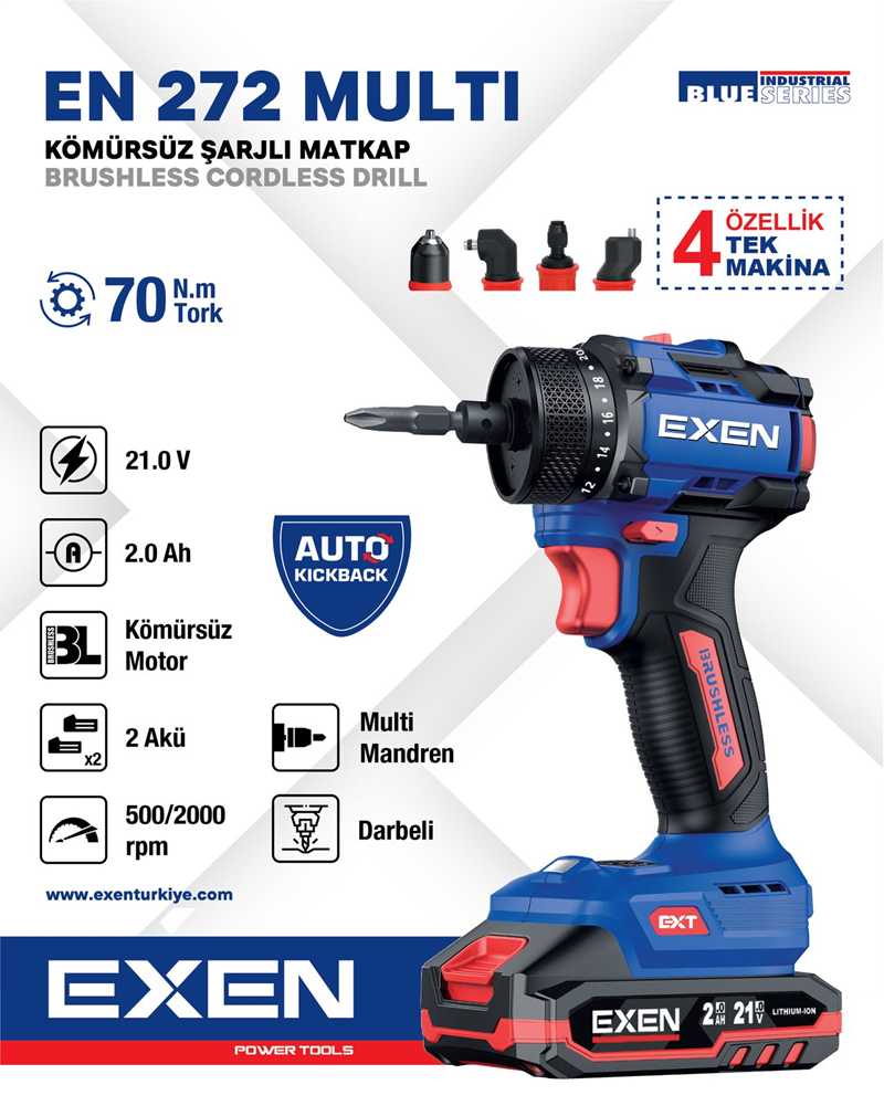 EXEN  EN 272 MULTi - 21V 2Ah 70N.m Kömürsüz Darbeli Şarjlı Matkap (4 Fonksiyonlu)