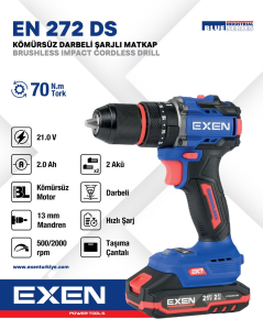 EXEN  EN 272 DS - 21V 2Ah 70N.m Kömürsüz Darbeli Şarjlı Matkap
