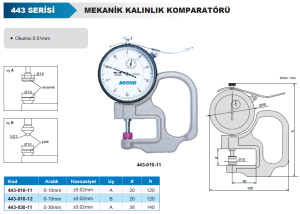 Mekanik Kalınlık Komparatörü 0-10mm Noktasal Temas