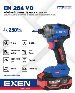 EXEN  EN 264 VD - 21V 4Ah 260N.m Kömürsüz Darbeli Şarjlı Vidalama