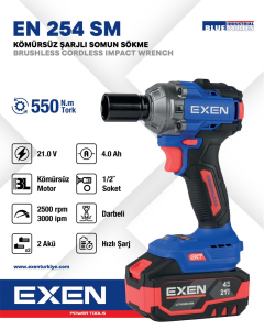 EXEN  EN 254 SM - 21V 4Ah 1/2''Soket 550N.m Kömürsüz Şarjlı Somun Sökme