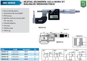 Dijital Silindirik Uçlu Boru Et Kalınlığı Mikrometresi 380 Serisi