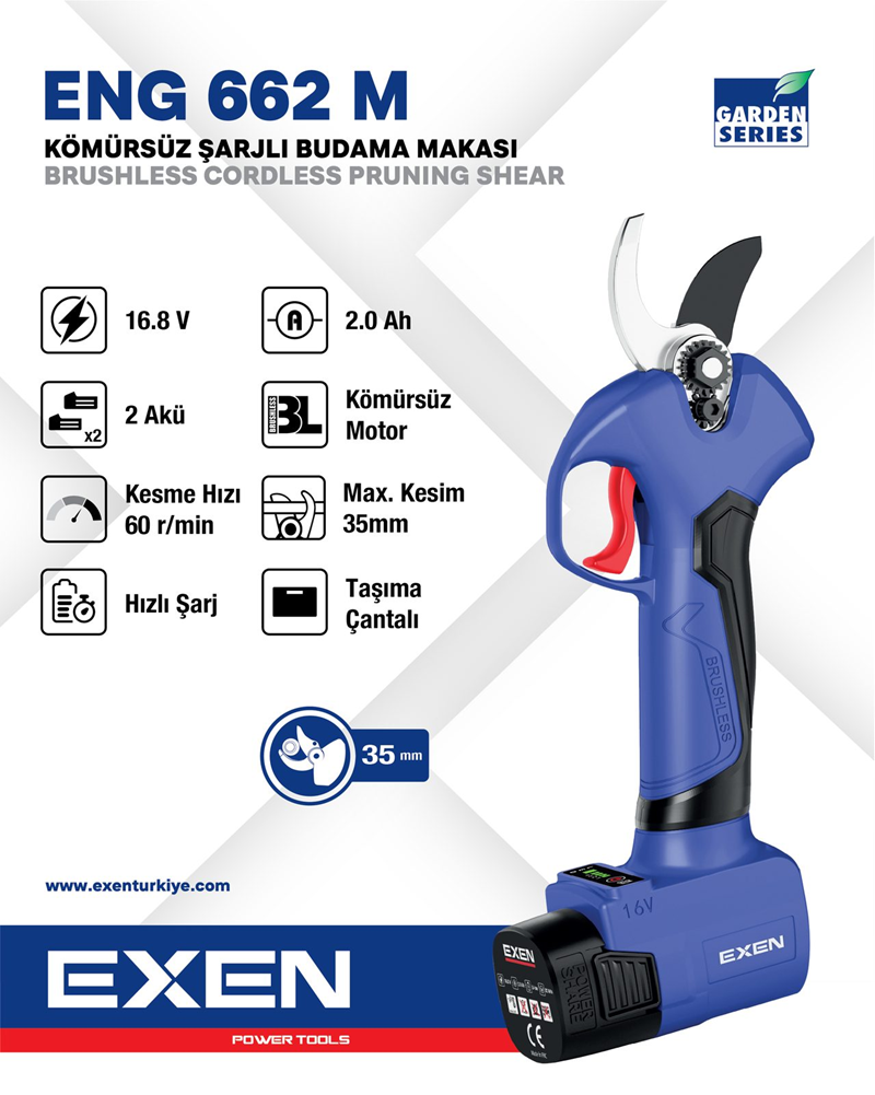 EXEN ENG 662 M - 16.8V 2Ah 35mm Kömürsüz Şarjlı Budama Makası