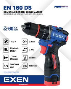 EXEN  EN 160 DS - 16V 2Ah 60N.m Kömürsüz Darbeli Şarjlı Matkap