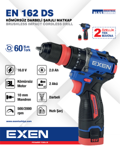 EXEN  EN 162 DS - 16V 2Ah 60N.m Kömürsüz Darbeli Şarjlı Matkap