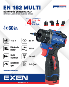 EXEN  EN 162 MULTİ - 16V 2Ah 60N.m Kömürsüz Darbeli Şarjli Matkap (4 Fonksiyonlu)