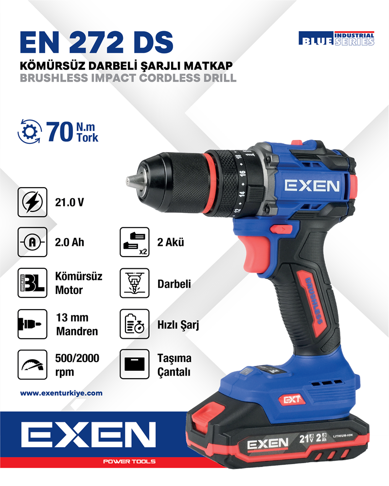 EXEN  EN 272 DS - 21V 2Ah 70N.m Kömürsüz Darbeli Şarjlı Matkap