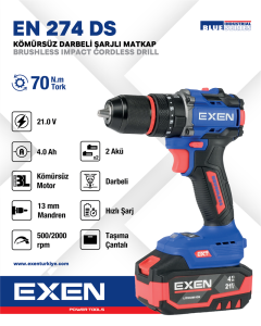 EXEN  EN 274 DS - 21V 4Ah 70N.m Kömürsüz Darbeli Şarjlı Matkap