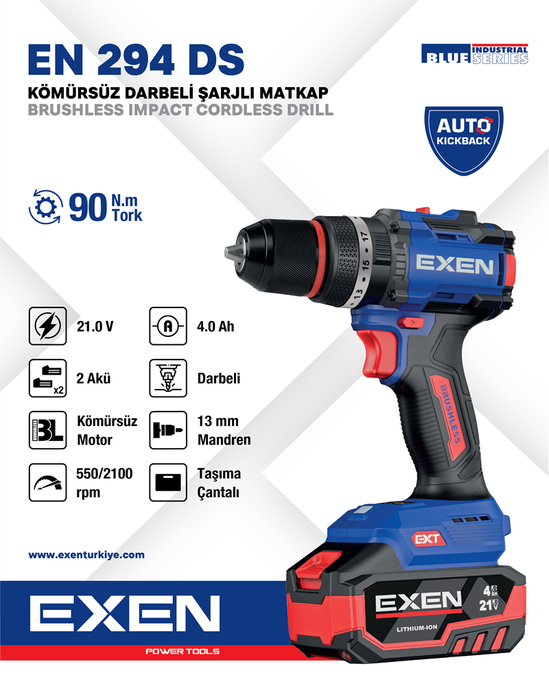 EXEN  EN 294 DS - 21V 4Ah 90N.m Kömürsüz Darbeli Şarjlı Matkap