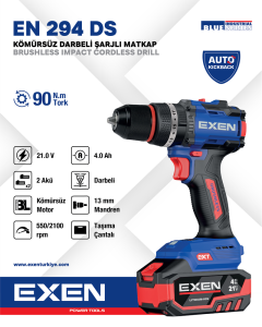 EXEN  EN 294 DS - 21V 4Ah 90N.m Kömürsüz Darbeli Şarjlı Matkap
