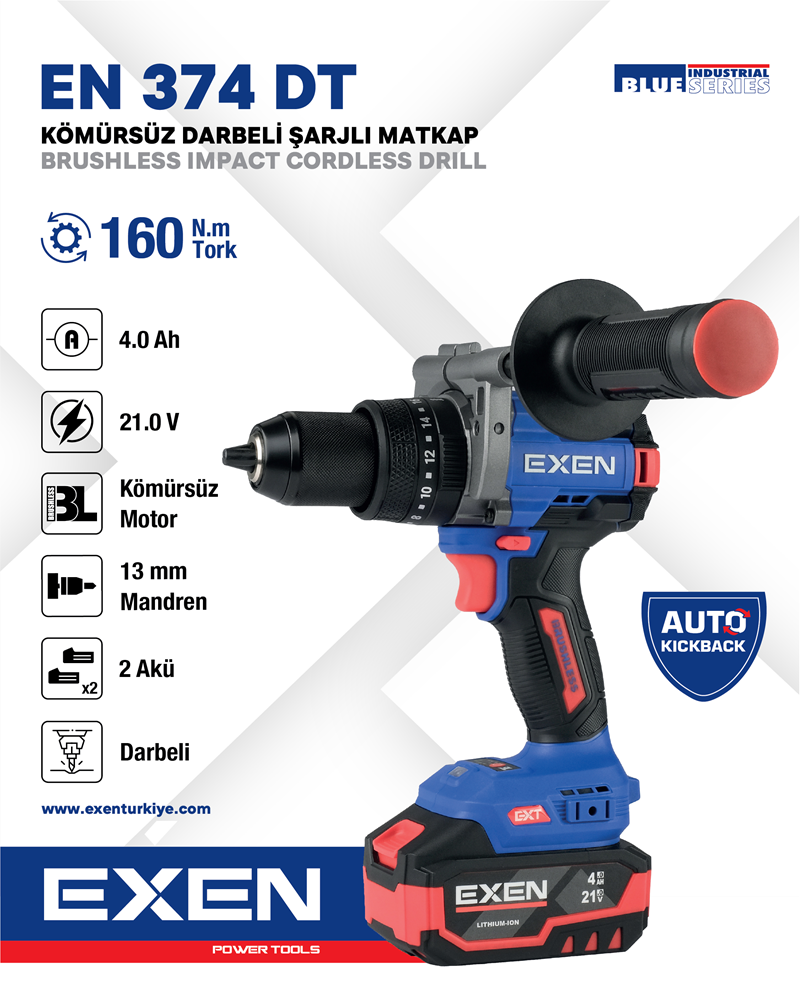 EXEN  EN 374 DT - 21V 4Ah 160N.m Kömürsüz Darbeli Şarjlı Matkap