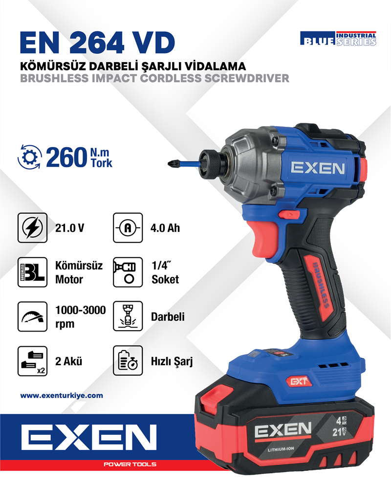 EXEN  EN 264 VD - 21V 4Ah 260N.m Kömürsüz Darbeli Şarjlı Vidalama