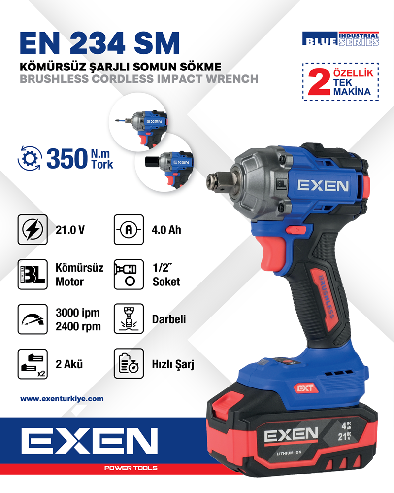 EXEN  EN 234 SM - 21V 4Ah 1/2''Soket 350N.m Kömürsüz Şarjlı Somun Sökme