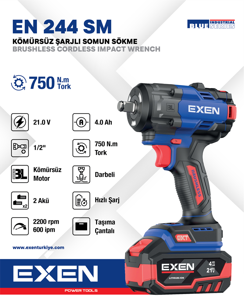 EXEN  EN 244 SM - 21V 4Ah 1/2''Soket 750N.m Kömürsüz Şarjlı Somun Sökme