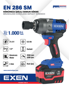 EXEN  EN 286 SM - 21V 6Ah 1/2''Soket 1000N.m Kömürsüz Şarjlı Somun Sökme