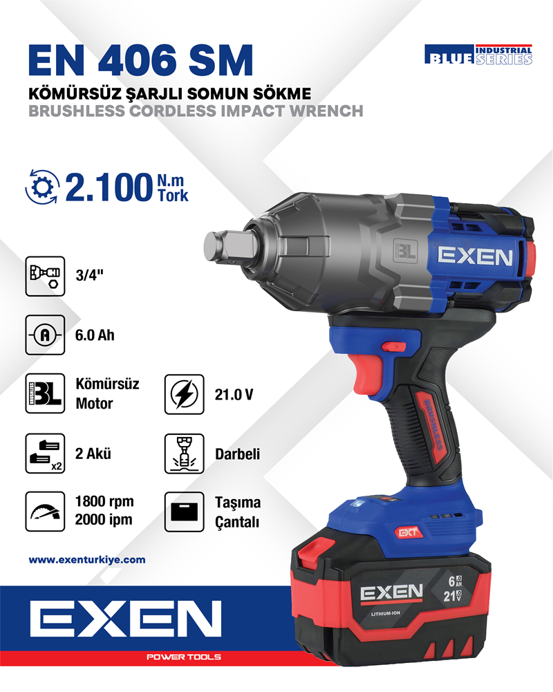 EXEN  EN 406 SM - 21V 6Ah 3/4''Soket 2100N.m Kömürsüz Şarjlı Somun Sökme