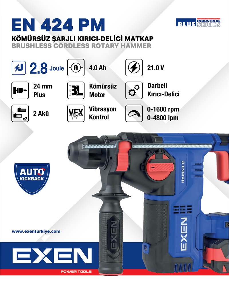 EXEN  EN 424 PM - 21V 4Ah 24mm 3.0J  Kömürsüz Şarjlı Kırıcı-Delici Matkap