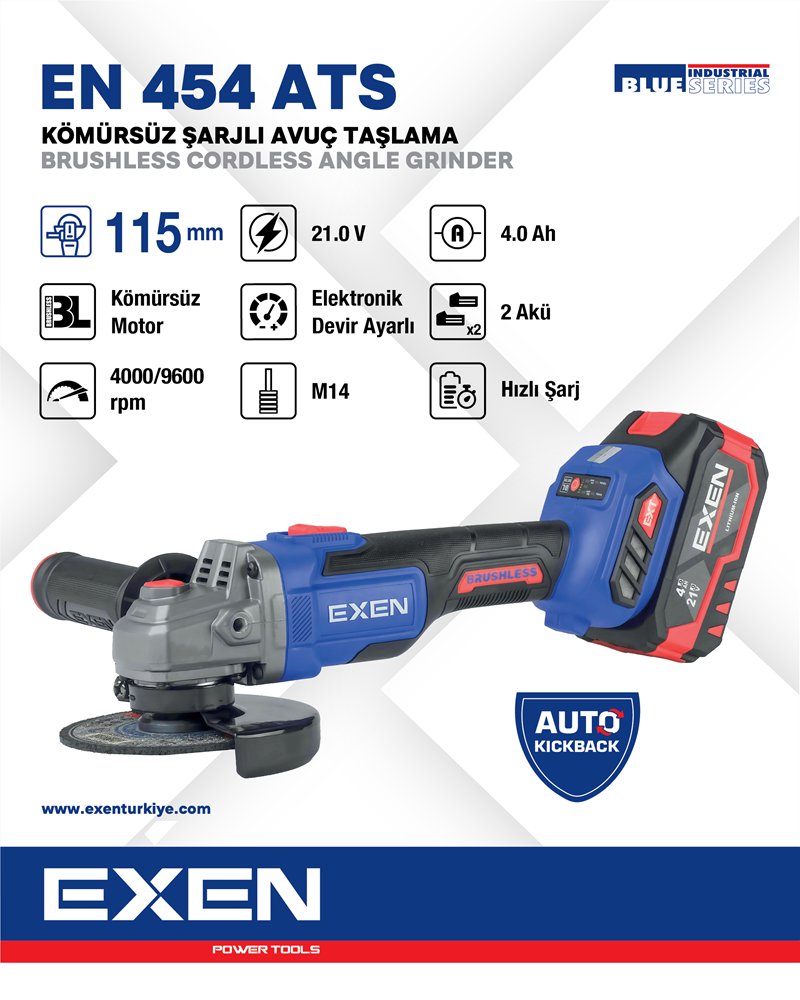 EXEN  EN 454 ATS - 21V 4Ah 115mm Kömürsüz Şarjlı Avuç Taşlama