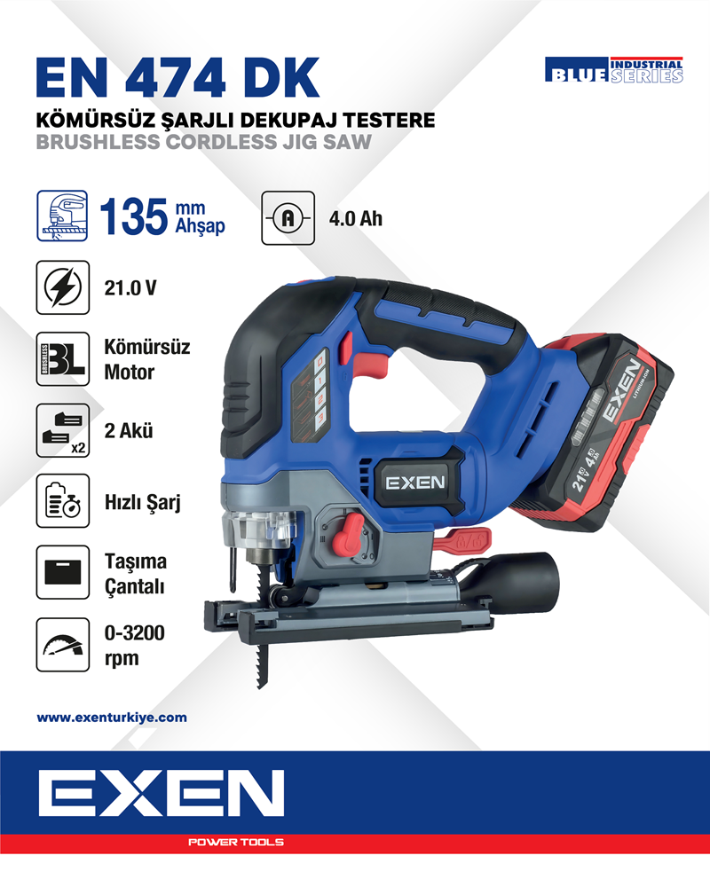 EXEN EN 474 DK - 21V 4Ah max.135mm Kömürsüz Şarjlı Dekupaj