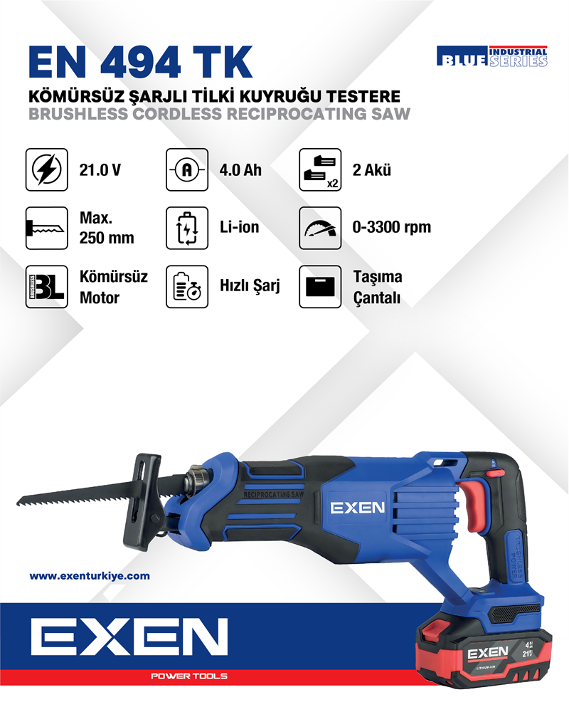 EXEN EN 494 TK - 21V 4Ah max.250mm Kömürsüz Şarjlı Tilki Kuyruğu Testere