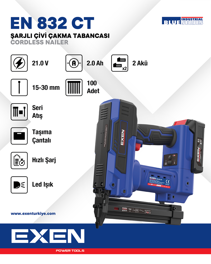 EXEN EN 832 CT - 21V 2Ah 15-30mm Şarjlİ ‚ivi ‚akma Tabancasİ