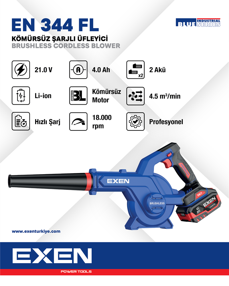 EXEN  EN 344 FL  - 21V 4Ah Kömürsüz Şarjlı Hava Üfleyici 4.5m³/min.