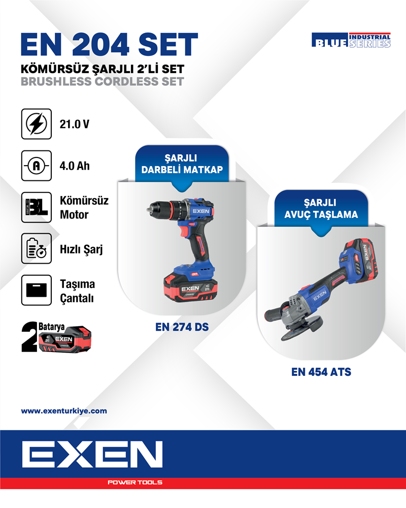 EXEN  EN 204 SET  - 21V 4Ah  Kömürsüz Şarjlı Makina 2'li Set