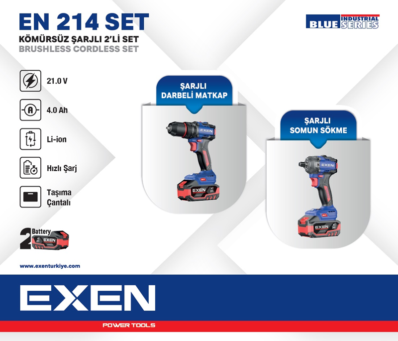 EXEN  EN 214 SET  - 21V 4Ah  Kömürsüz Şarjlı Makina 2'li Set