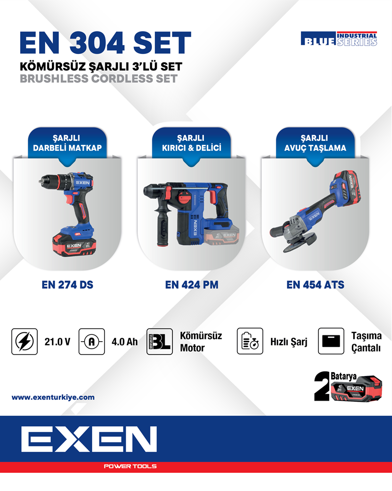 EXEN  EN 304 SET  - 21V 4Ah  Kömürsüz Şarjlı Makina 3'lü Set