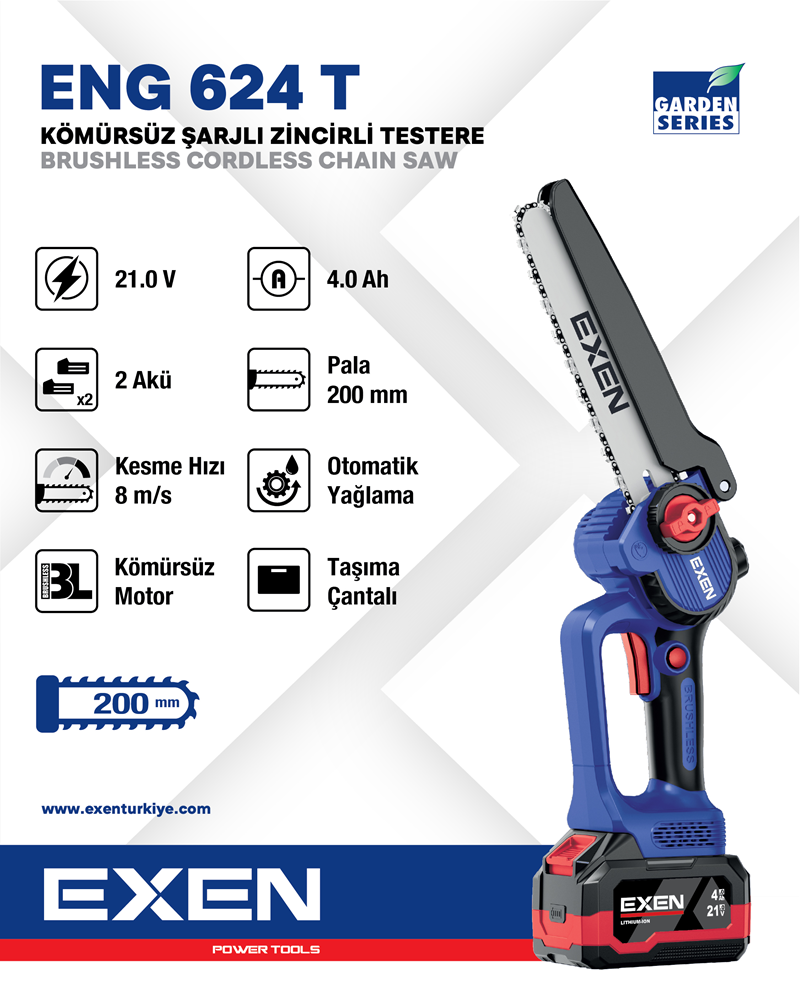 EXEN ENG 624 T - 21V 4Ah 200mm Kömürsüz Şarjlı Zincirli Testere