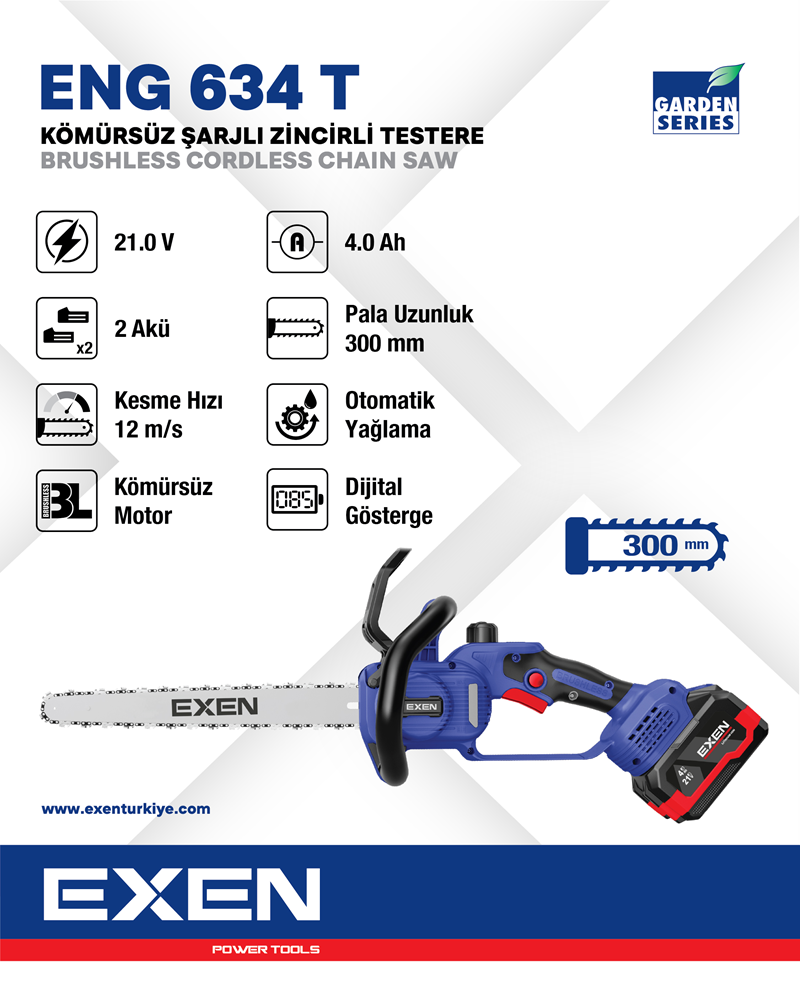 EXEN ENG 634 T - 21V 4Ah 300mm Kömürsüz Şarjlı Zincirli Testere