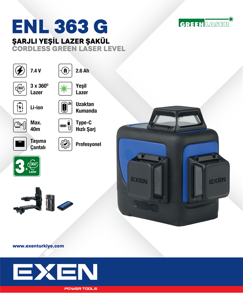 EXEN  ENL 363 G - 3x360° 7.4V 2.6Ah Şarjlı Yeşil Lazer Şakül