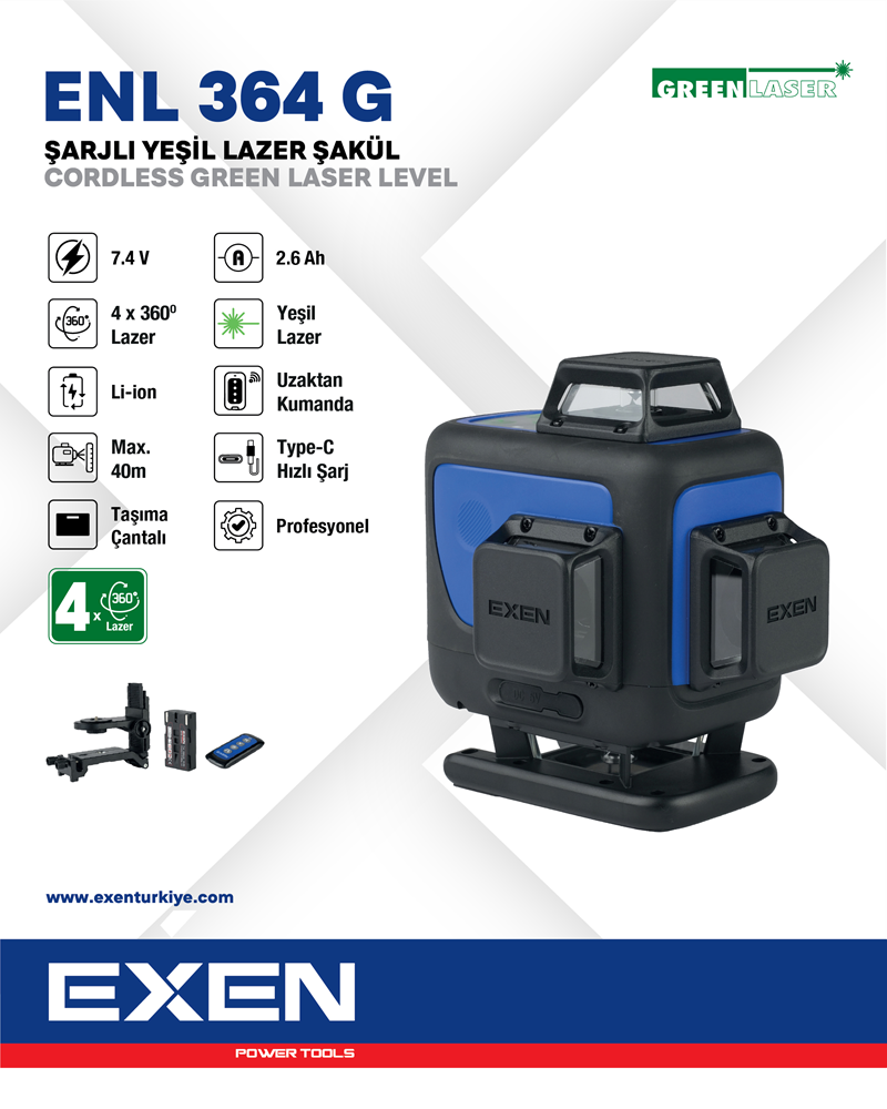 EXEN  ENL 364 G - 4x360° 7.4V 2.6Ah Şarjlı Yeşil Lazer Şakül