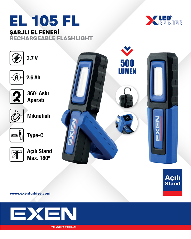 EXEN  EL 105 FL - 3.7V 2.6Ah 500 Lümen Şarjlı El Feneri
