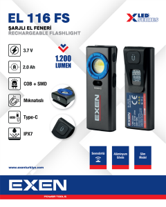 EXEN  EL 116 FS - 3.7V 2Ah 1.200 Lümen Şarjlı Slim Tip El Feneri