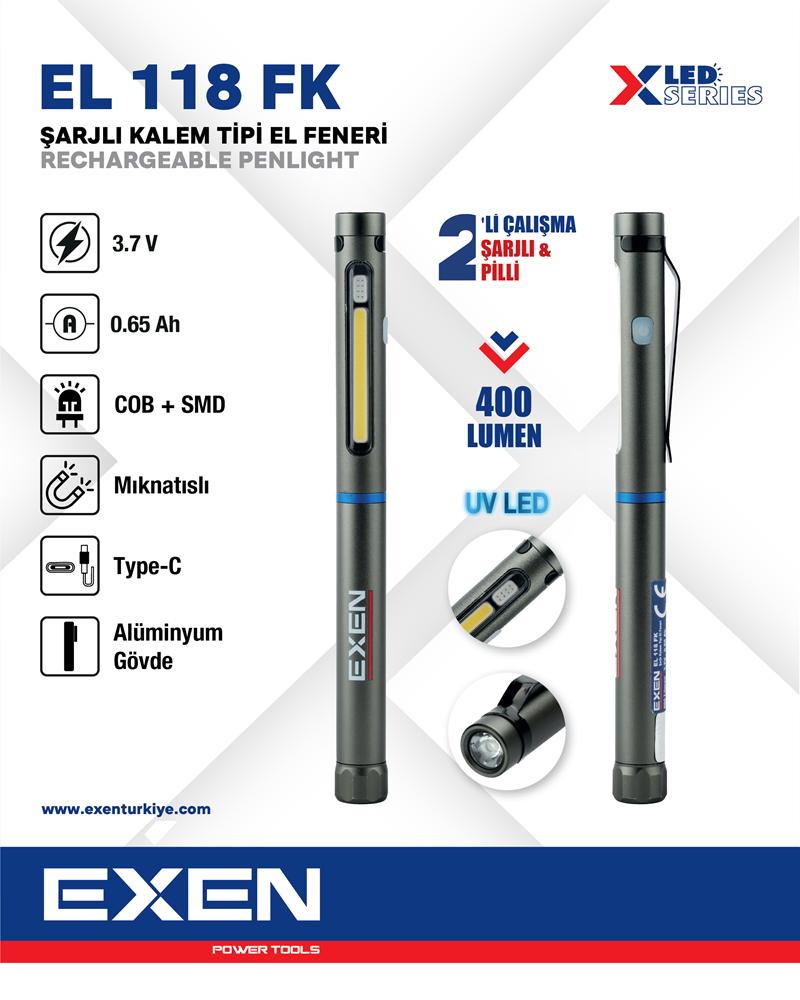 EXEN  EL 118 FK - 3.7V 0.65Ah 400 Lümen Şarjlı Kalem Tip El Feneri