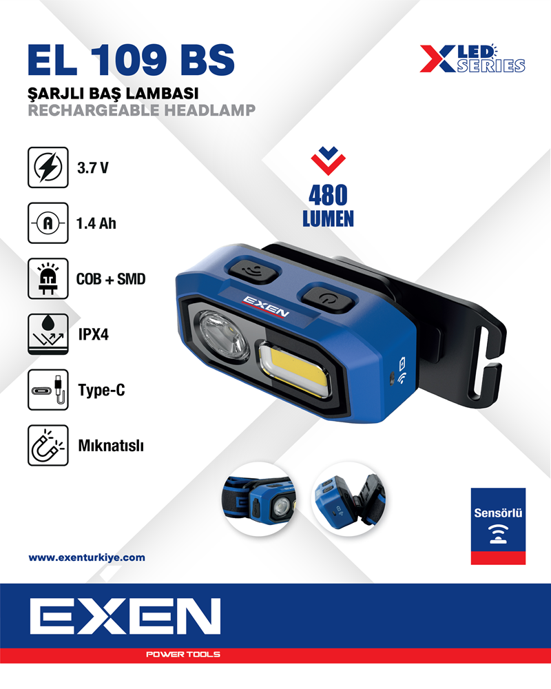 EXEN  EL 109 BS - 3.7V 1.4Ah 480 Lümen Şarjlı Baş Lambası