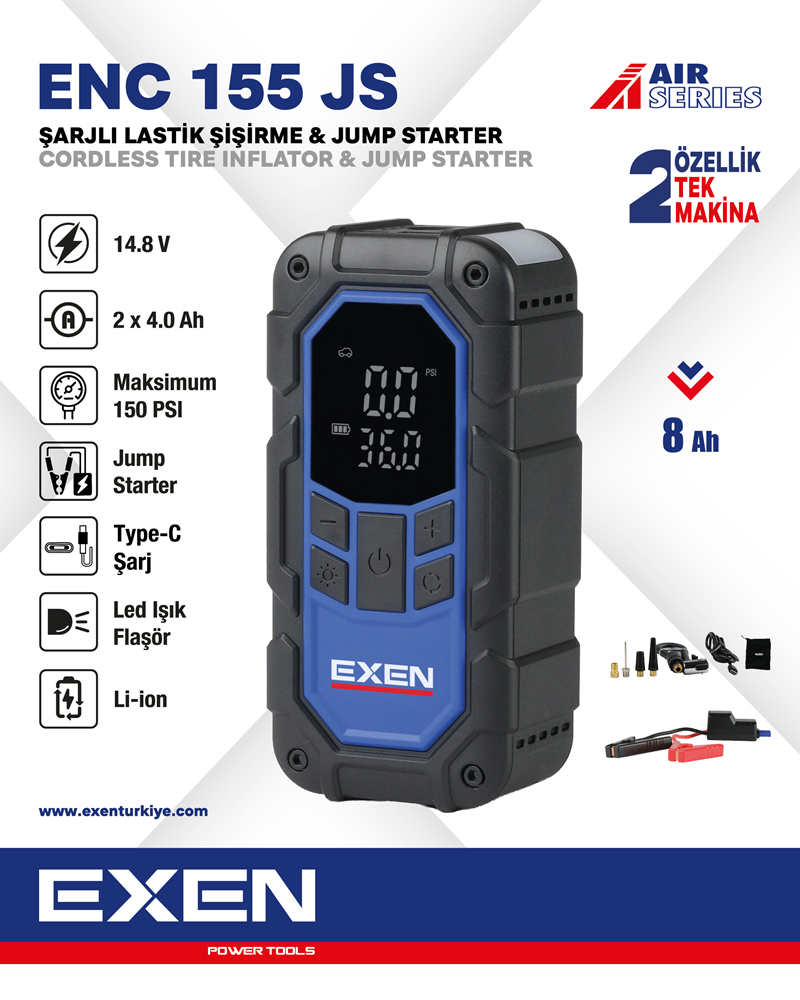 EXEN  ENC 155 JS  - 14.8V 2Ah 150 PSI Şarjlı Lastik Şişirme & Jump Starter