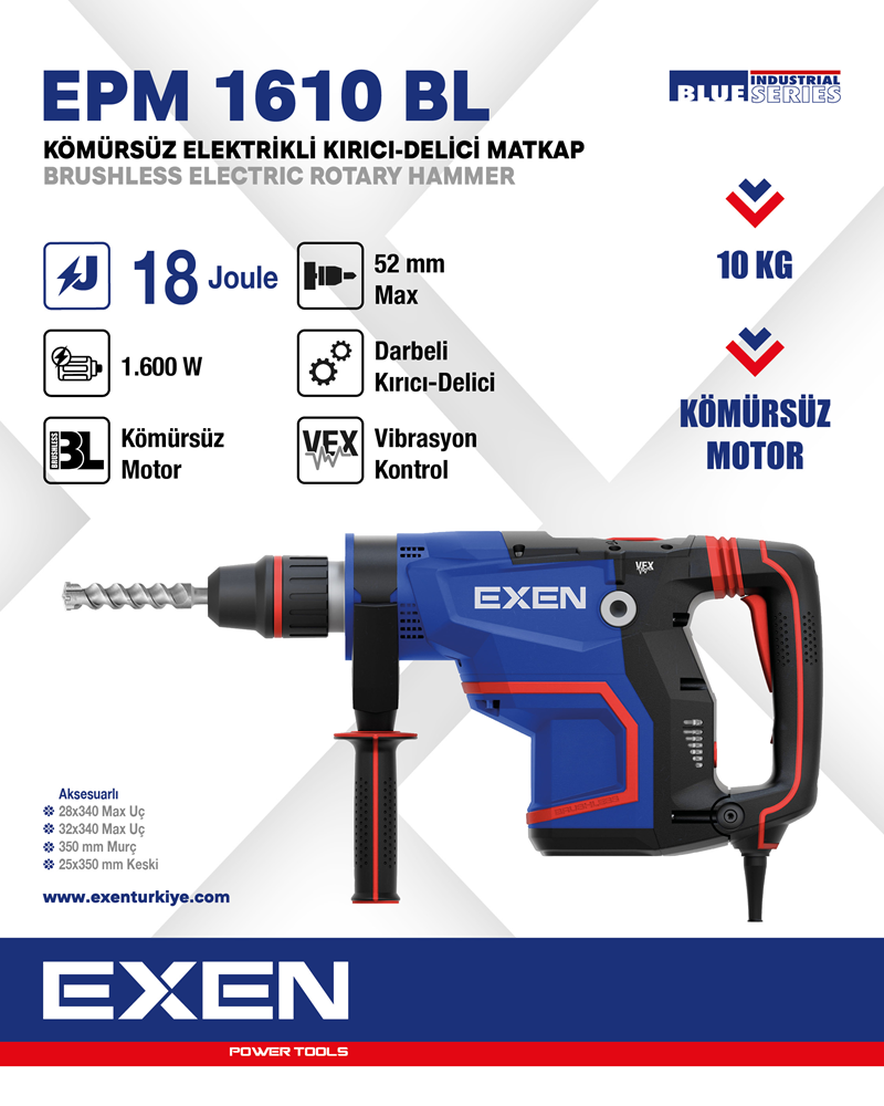 EXEN  EPM 1610 BL  - 1600W 52mm 20J Kömürsüz Elektrikli Kırıcı-Delici Matkap