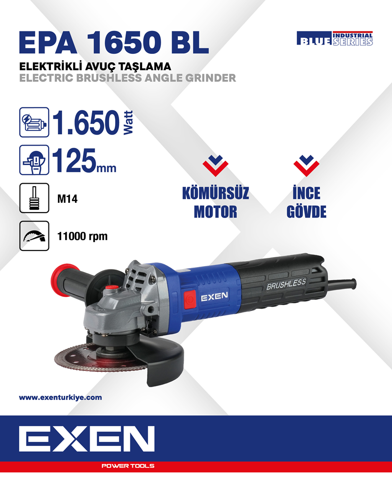 EXEN  EPA 1650 BL - 125mm 1650W Kömürsüz Elektrikli Avuç Taşlama