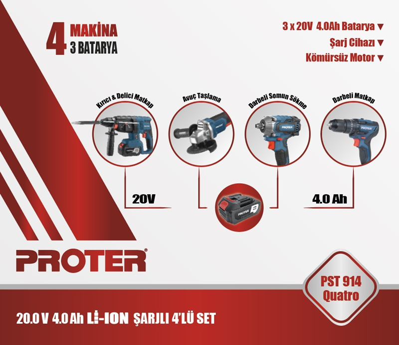PROTER PST 914 QUATRO 4.0Ah 20V Li-ion Pil  Kömürsüz Şarjlı (Dörtlü Makina Set)