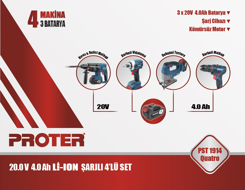 PROTER PST 1914 QUATRO 4.0Ah 20V Li-ion Pil  Kömürsüz Şarjlı (Dörtlü Makina Set)