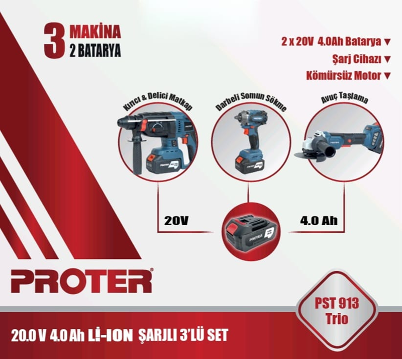 PROTER PST 913 TRİO 4.0Ah 20V Li-ion Pil  Kömürsüz Şarjlı (Üçlü Makina Set)