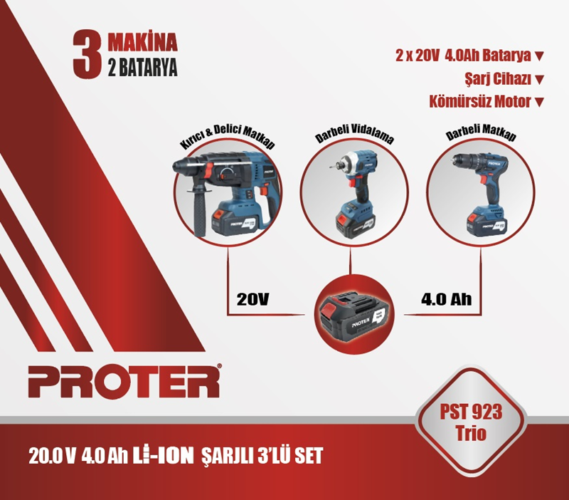 PROTER PST 923 TRİO 4.0Ah 20V Li-ion Pil  Kömürsüz Şarjlı (Üçlü Makina Set)