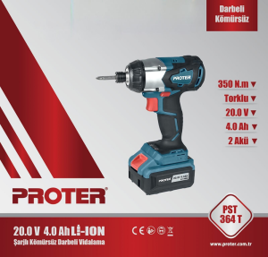 PROTER PST 364 T  4.0 Ah 20 V Li-ion Pil 350N.m Tork Darbeli  Kömürsüz Vidalama