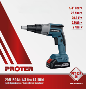 PROTER PST 927 SC 1/4 '' 20V 2.0Ah Lion Pil  25 N.m Tork Şarjlı Alçıpan Vidalama