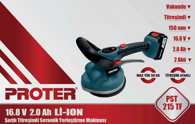 PROTER PST 215 TF 150mm 2.0Ah16.8V Li-ion Şarjlı Vantuzlu Titreşimli Fayans Tokmak