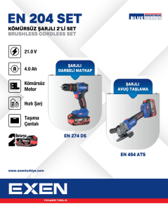 EXEN  EN 204 SET  - 21V 4Ah  Kömürsüz Şarjlı Makina 2'li Set